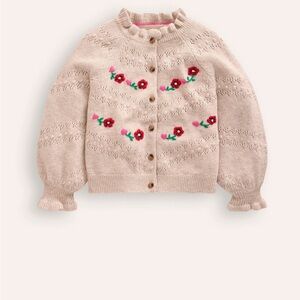 Mini Boden Cream Knit Cardigan with Pink and Red Floral Embroidery Sz 5-6